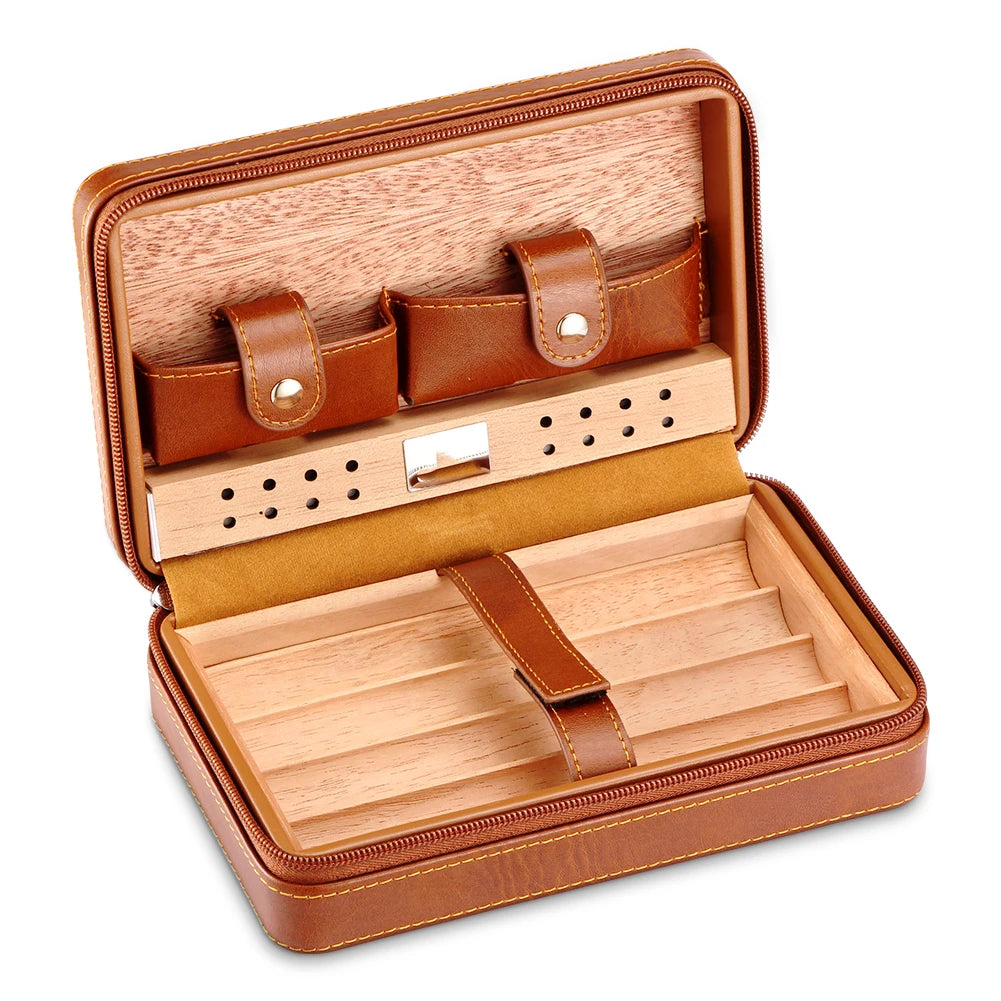 Portable Humidor Cigar Box Travel Cigar Case Leather Cedar Wood Cigar Humidor Box W/ Cutter Lighter Puro Set Accessories by Passport Outfitters