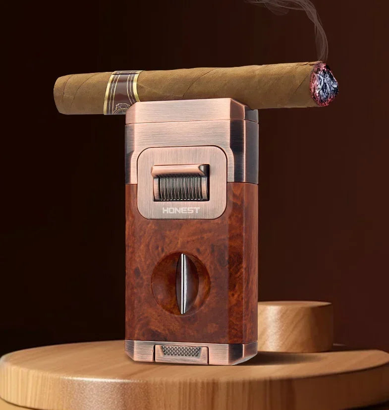 Metal High-end Cigar Lighter with Unique Wind Proof V-shaped Cutting Double Jet Flame Butane Gas Lighter Cigar Accessories by Passport Outfitters