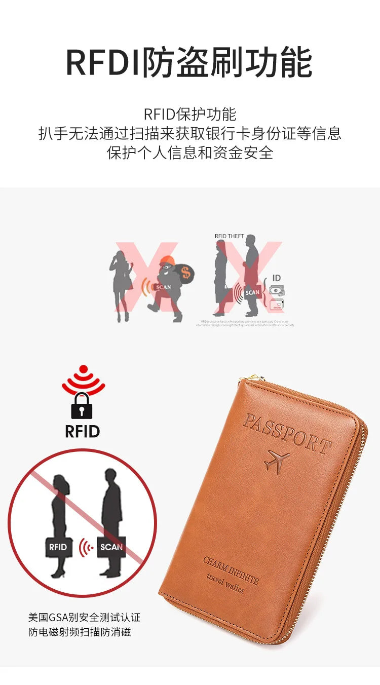 New Leather Passport Cover RFID Blocking Card Holder Zipper Wallet Travel Essentials Phone Bag International Travel Accessories