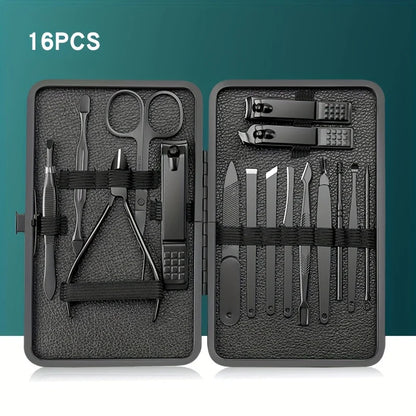 Stainless Steel 7/10/16/18pcs Black Manicure kit Pedicure Set Scissors Nail Clipper Grooming Tool Kit with Travel Case