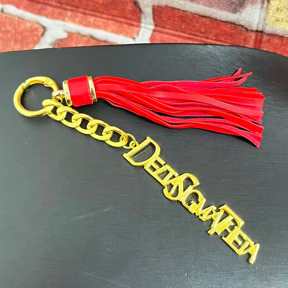 Stainless Steel Greek Letter Delta Shield Keychain With Red Tassel by Passport Outfitters
