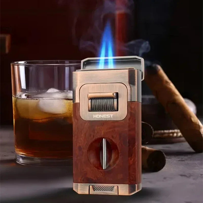 Metal High-end Cigar Lighter with Unique Wind Proof V-shaped Cutting Double Jet Flame Butane Gas Lighter Cigar Accessories by Passport Outfitters