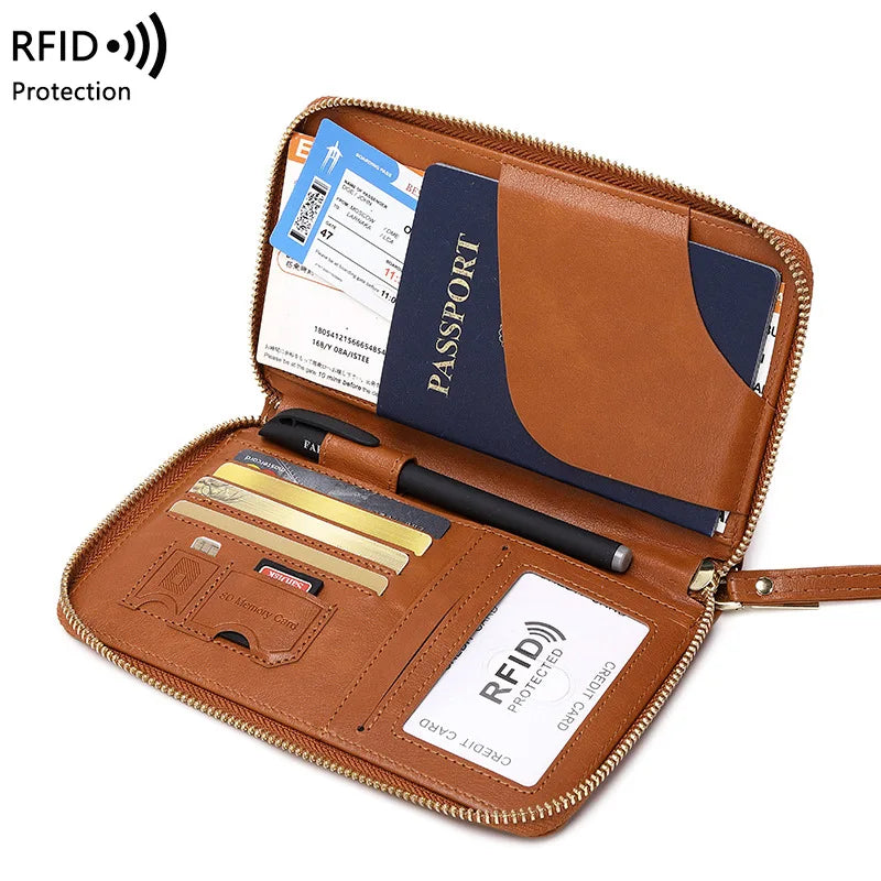 New Leather Passport Cover RFID Blocking Card Holder Zipper Wallet Travel Essentials Phone Bag International Travel Accessories