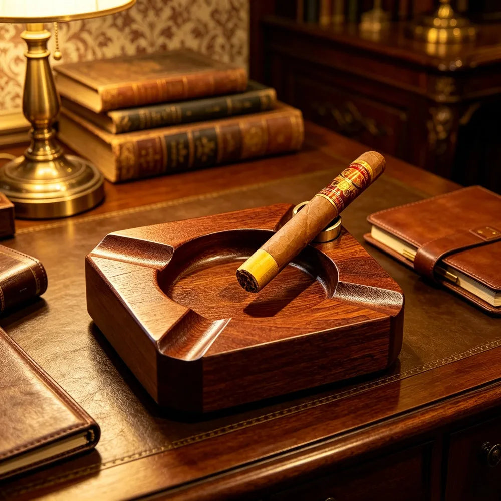 Solid Wood Cigar Ashtray with Integrated Cigar Rest, Retro Stylish Cigar Accessory for Home & Office Use by Passport Outfitters