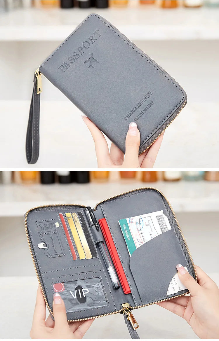 New Leather Passport Cover RFID Blocking Card Holder Zipper Wallet Travel Essentials Phone Bag International Travel Accessories