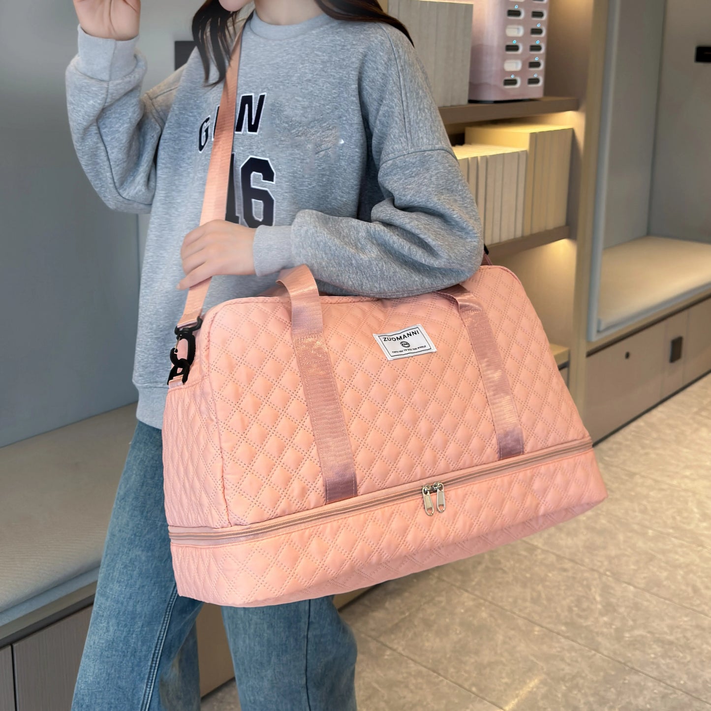 Casual nylon travel luggage bag,  large capacity sports and fitness storage, multi pocket portable weekender overnight bag