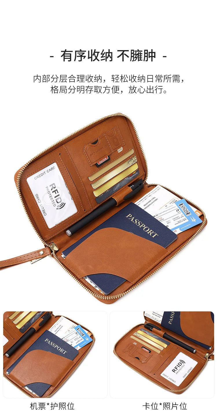 New Leather Passport Cover RFID Blocking Card Holder Zipper Wallet Travel Essentials Phone Bag International Travel Accessories