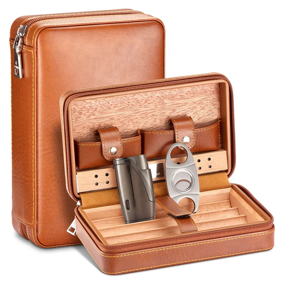 Portable Humidor Cigar Box Travel Cigar Case Leather Cedar Wood Cigar Humidor Box W/ Cutter Lighter Puro Set Accessories by Passport Outfitters