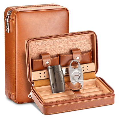 Portable Humidor Cigar Box Travel Cigar Case Leather Cedar Wood Cigar Humidor Box W/ Cutter Lighter Puro Set Accessories by Passport Outfitters