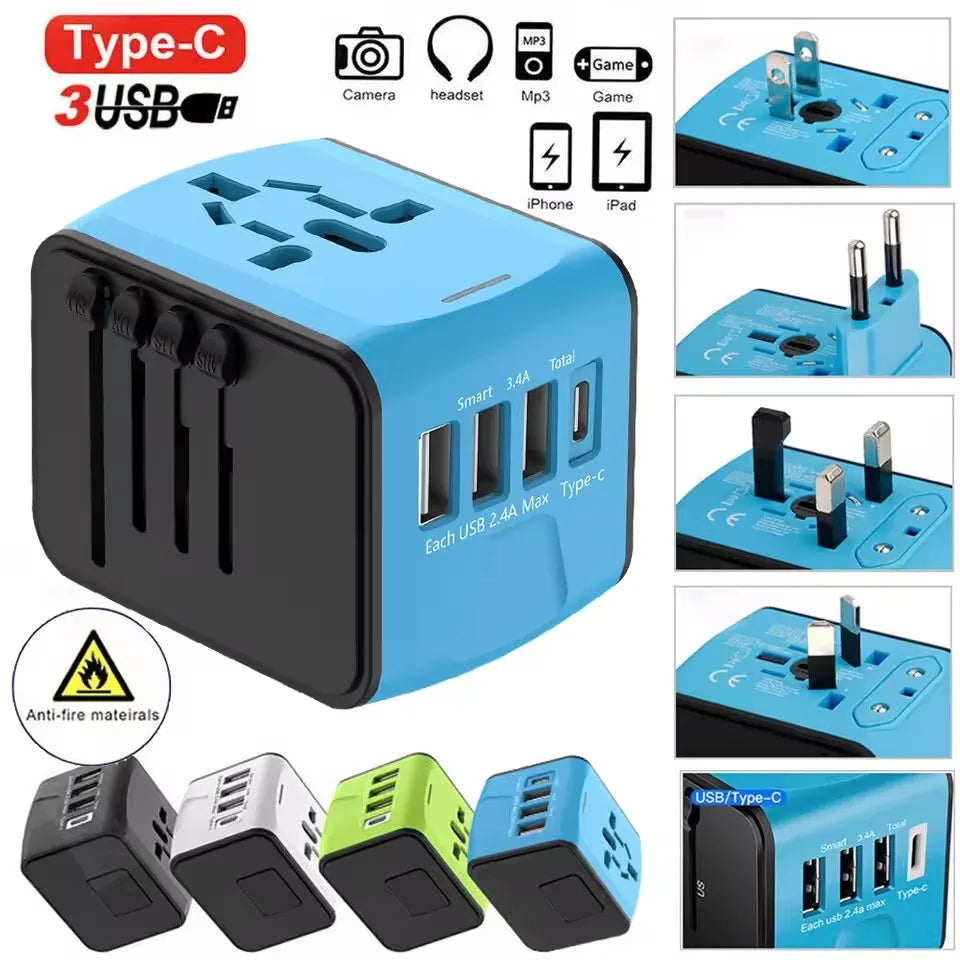 Travel Adapter Universal Power Plug UK European Union US Socket International 3USB Type C Wall Charger for Global Adapters by Passport Outfitters