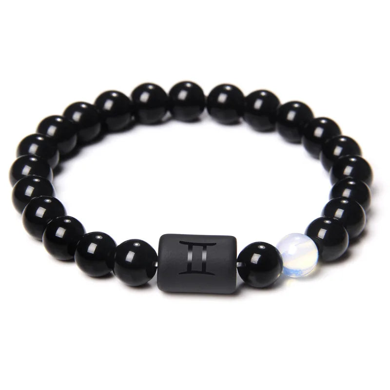 12 Constellation Zodiac Signs Beads Couples Bracelet Natural Black Onyx Stone Elastic Charm Bracelet for Women Men Birthday Gift by Passport Outfitters
