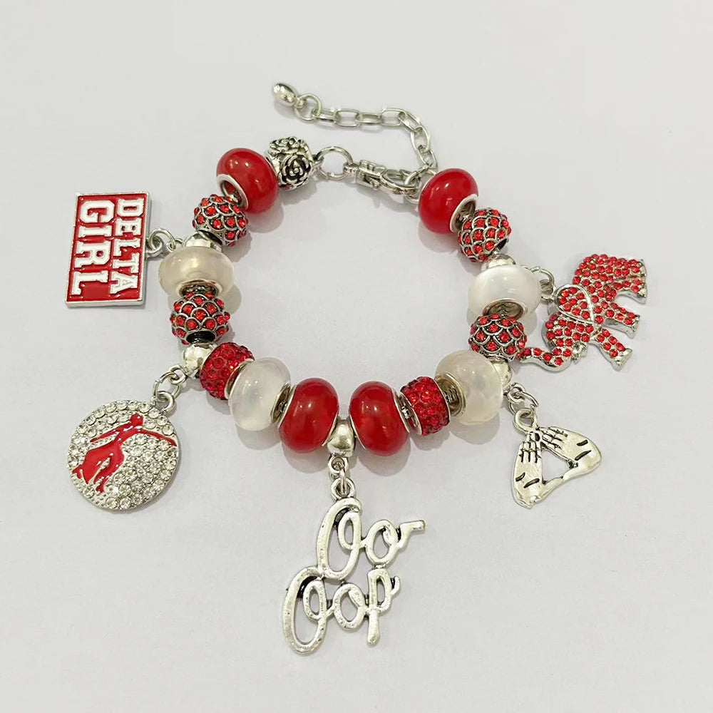 Latest Design Customized Red and White Delta Charm Design Organization Greek Alphabet Friendship Bracelet by Passport Outfitters