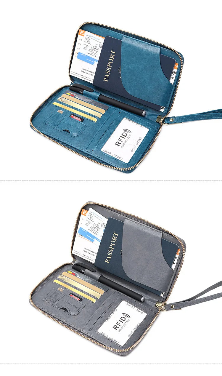 New Leather Passport Cover RFID Blocking Card Holder Zipper Wallet Travel Essentials Phone Bag International Travel Accessories