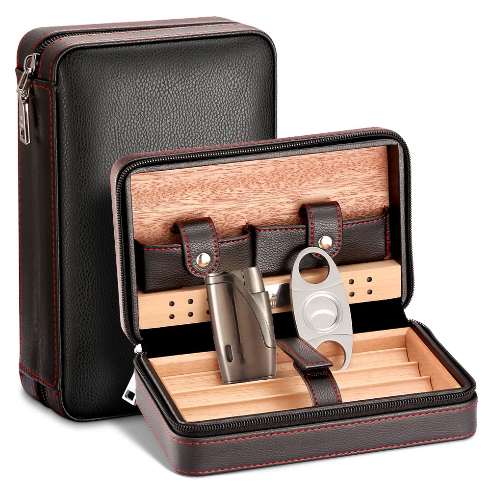 Portable Humidor Cigar Box Travel Cigar Case Leather Cedar Wood Cigar Humidor Box W/ Cutter Lighter Puro Set Accessories by Passport Outfitters