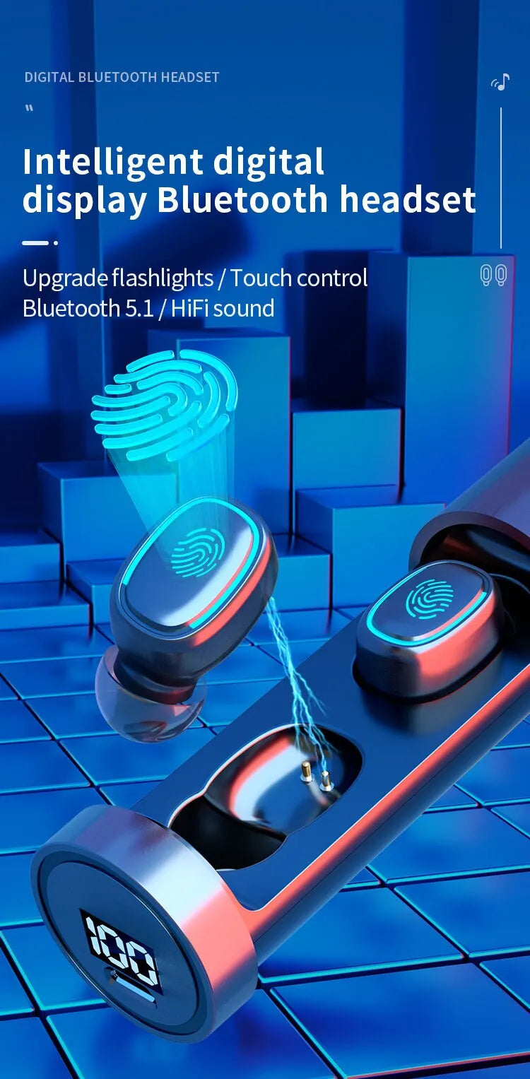 C1 Waterproof Bluetooth Earbuds  V5.1 With Charging Bin Display Touch Control