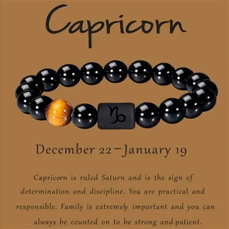 12 Constellation Zodiac Signs Beads Couples Bracelet Natural Black Onyx Stone Elastic Charm Bracelet for Women Men Birthday Gift by Passport Outfitters