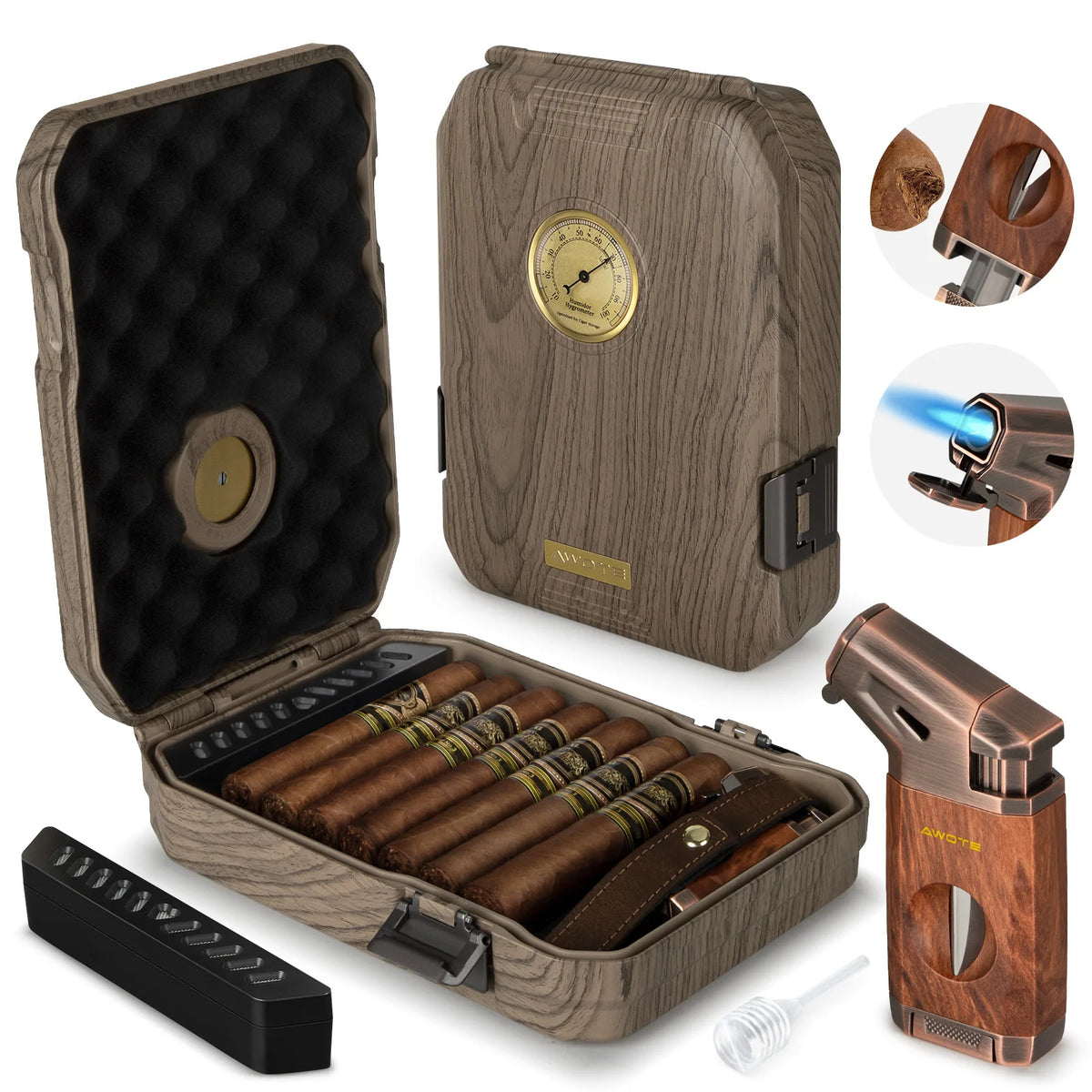 AWOTE Travel Cigar Humidor with Cigar Lighter, Cedar Wood, V Cut Cutter, Portable Cigar Humidor with Humidifier & Hygrometer by Passport Outfitters