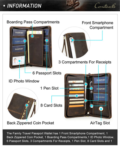 Family Genuine Leather Passport Wallet with AirTag Slot for Travel - Passport Outfitters Apparel 