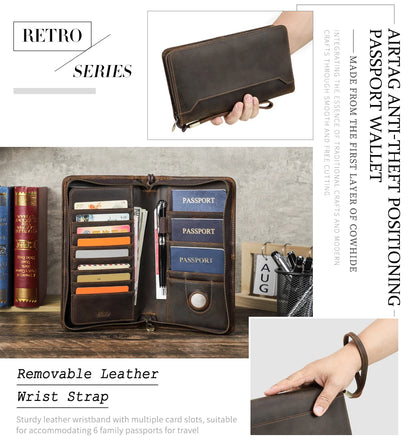 Family Genuine Leather Passport Wallet with AirTag Slot for Travel - Passport Outfitters Apparel 