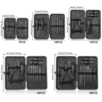 Stainless Steel 7/10/16/18pcs Black Manicure kit Pedicure Set Scissors Nail Clipper Grooming Tool Kit with Travel Case