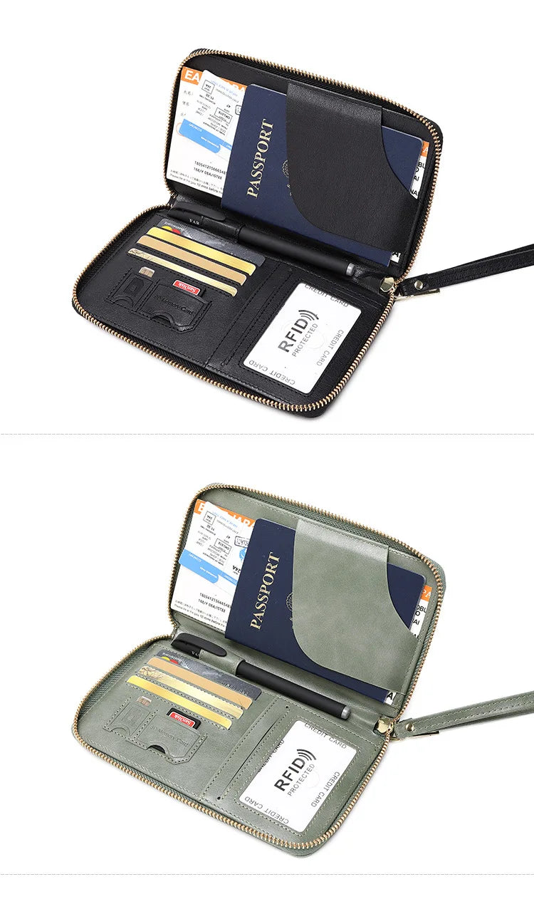 New Leather Passport Cover RFID Blocking Card Holder Zipper Wallet Travel Essentials Phone Bag International Travel Accessories