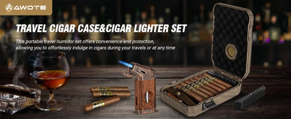 AWOTE Travel Cigar Humidor with Cigar Lighter, Cedar Wood, V Cut Cutter, Portable Cigar Humidor with Humidifier & Hygrometer by Passport Outfitters