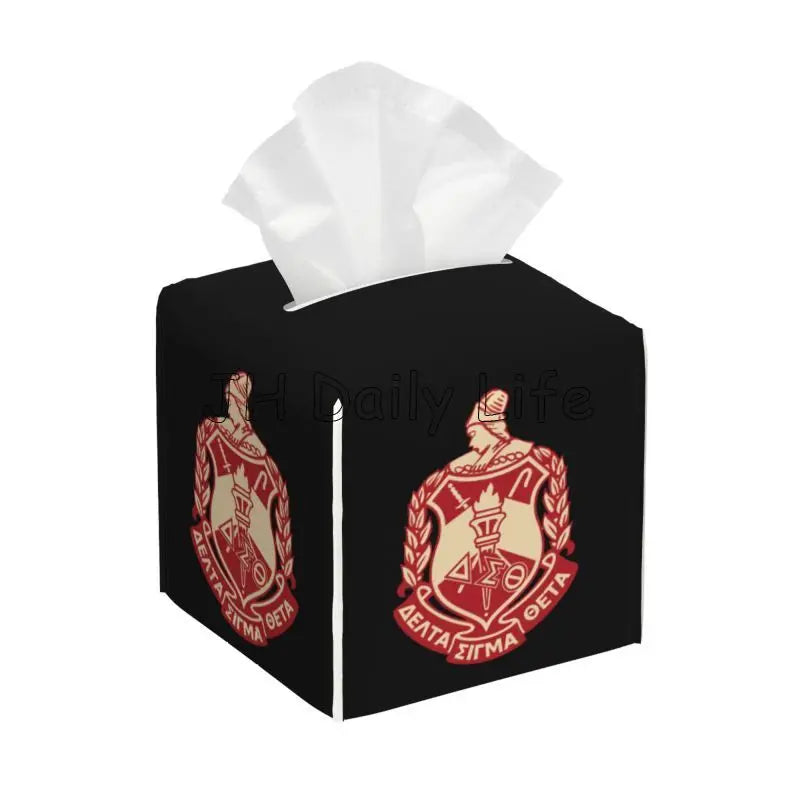 Delta Sigma Theta Sorority Tissue Box Cover Square Tissue Holder with Belt Bottom Leather Napkin Holder for Vanity Countertop by Passport Outfitters