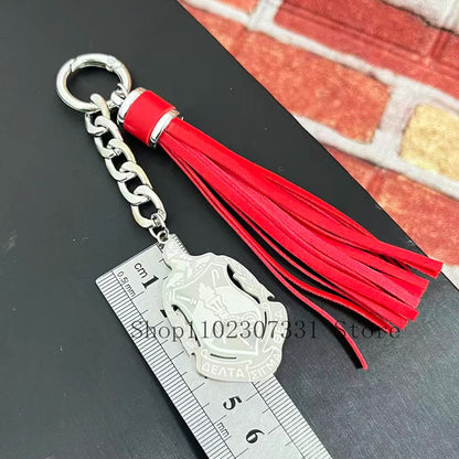 Stainless Steel Greek Letter Delta Shield Keychain With Red Tassel by Passport Outfitters