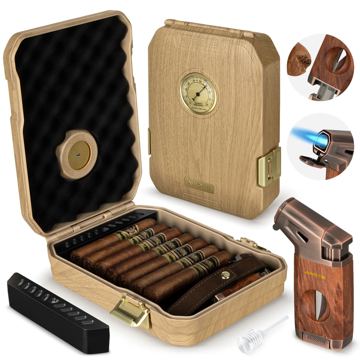 AWOTE Travel Cigar Humidor with Cigar Lighter, Cedar Wood, V Cut Cutter, Portable Cigar Humidor with Humidifier & Hygrometer by Passport Outfitters
