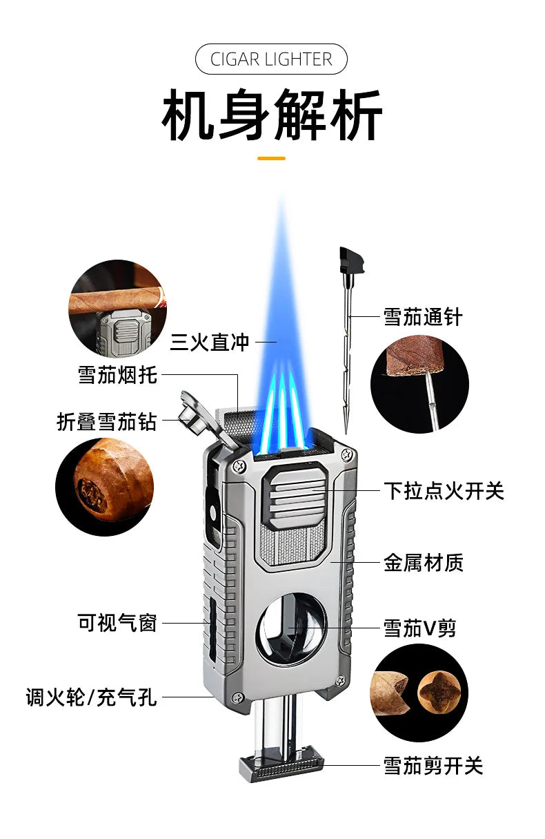 Portable Multi-function Jet Lighter with V-shaped Cigar Cutter Cigar Cigarette Holder Men's Cigarette Lighter, Gentleman's Taste by Passport Outfitters