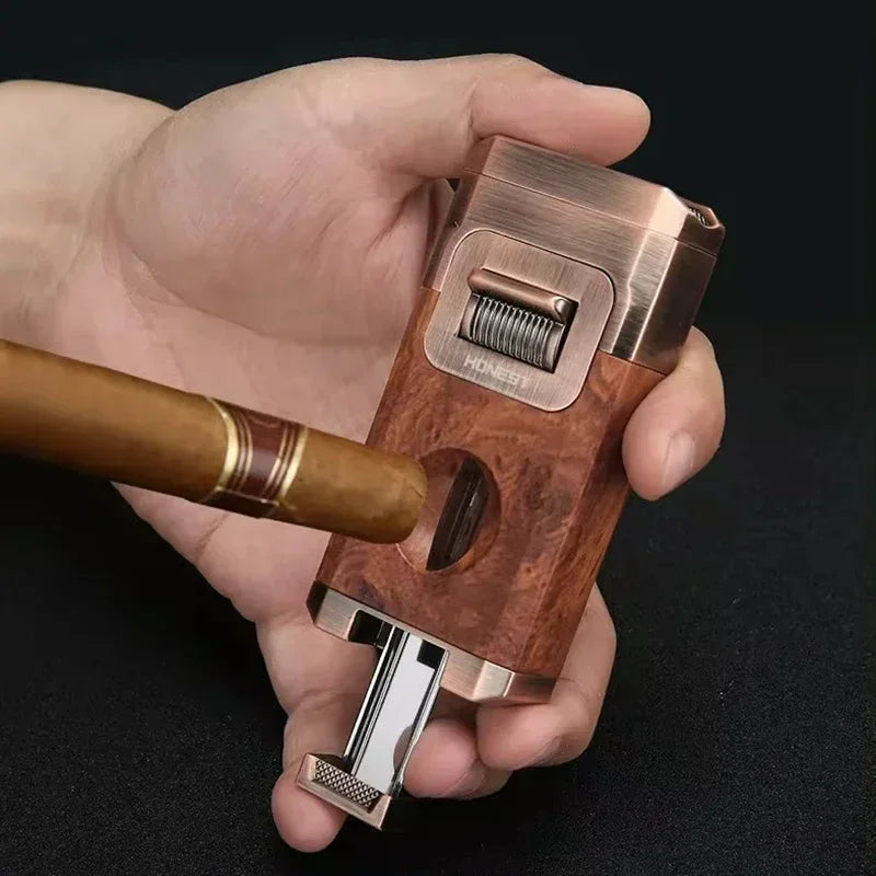 Metal High-end Cigar Lighter with Unique Wind Proof V-shaped Cutting Double Jet Flame Butane Gas Lighter Cigar Accessories by Passport Outfitters