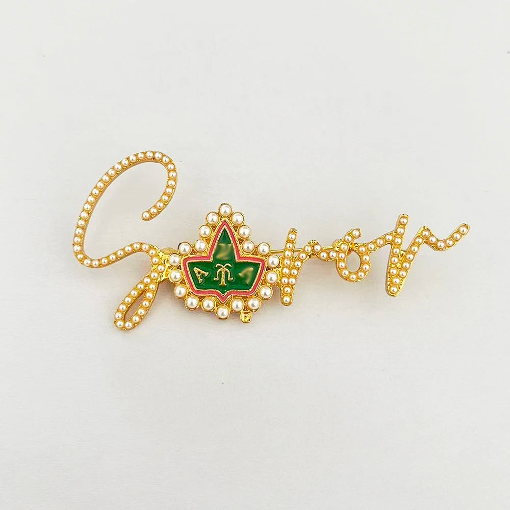 SOROR Pearl Brooch Pink Green Ivy League Emblem by Passport Outfitters