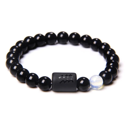 12 Constellation Zodiac Signs Beads Couples Bracelet Natural Black Onyx Stone Elastic Charm Bracelet for Women Men Birthday Gift by Passport Outfitters