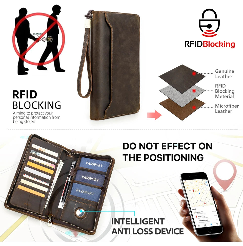 Family Genuine Leather Passport Wallet with AirTag Slot for Travel