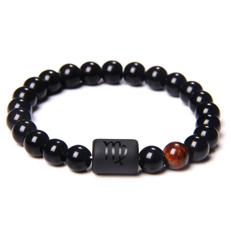 12 Constellation Zodiac Signs Beads Couples Bracelet Natural Black Onyx Stone Elastic Charm Bracelet for Women Men Birthday Gift by Passport Outfitters