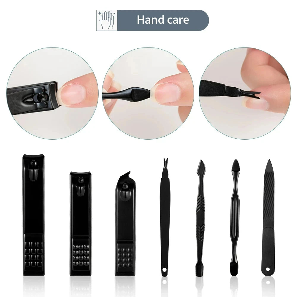 Stainless Steel 7/10/16/18pcs Black Manicure kit Pedicure Set Scissors Nail Clipper Grooming Tool Kit with Travel Case