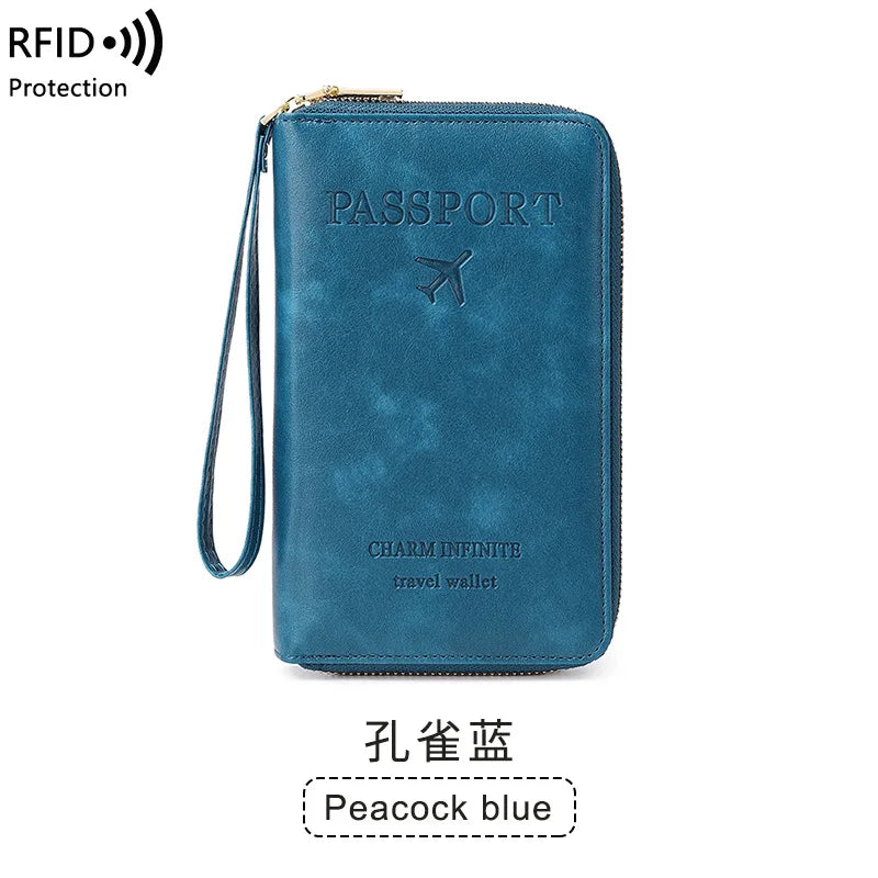 New Leather Passport Cover RFID Blocking Card Holder Zipper Wallet Travel Essentials Phone Bag International Travel Accessories