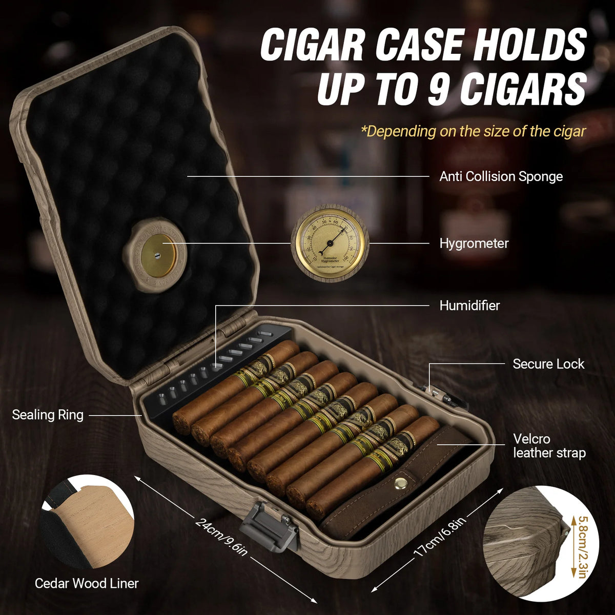AWOTE Travel Cigar Humidor with Cigar Lighter, Cedar Wood, V Cut Cutter, Portable Cigar Humidor with Humidifier & Hygrometer by Passport Outfitters