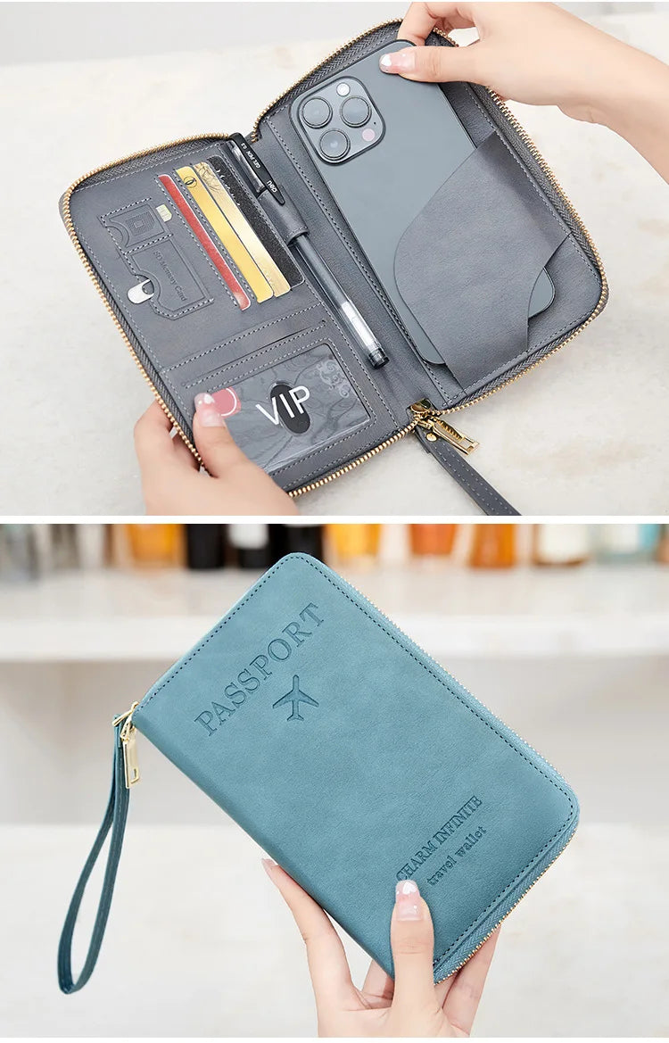 New Leather Passport Cover RFID Blocking Card Holder Zipper Wallet Travel Essentials Phone Bag International Travel Accessories