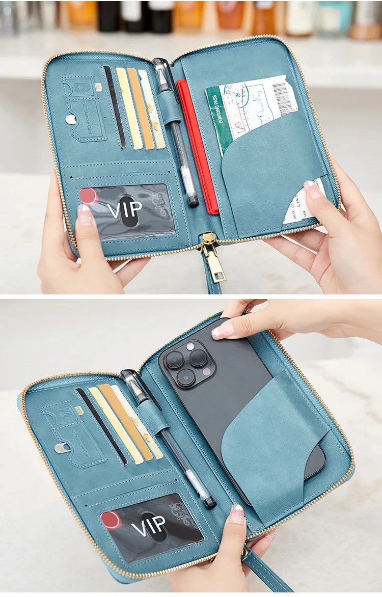 New Leather Passport Cover RFID Blocking Card Holder Zipper Wallet Travel Essentials Phone Bag International Travel Accessories