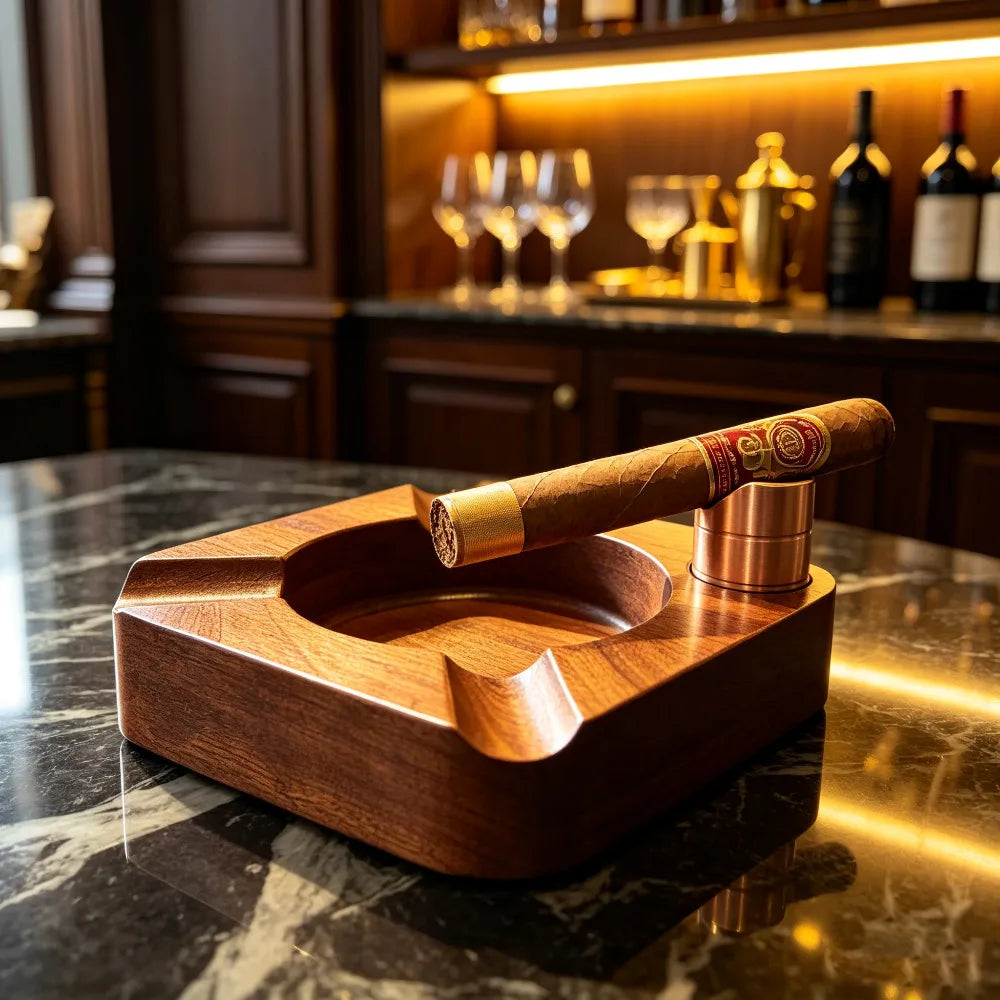 Solid Wood Cigar Ashtray with Integrated Cigar Rest, Retro Stylish Cigar Accessory for Home & Office Use by Passport Outfitters