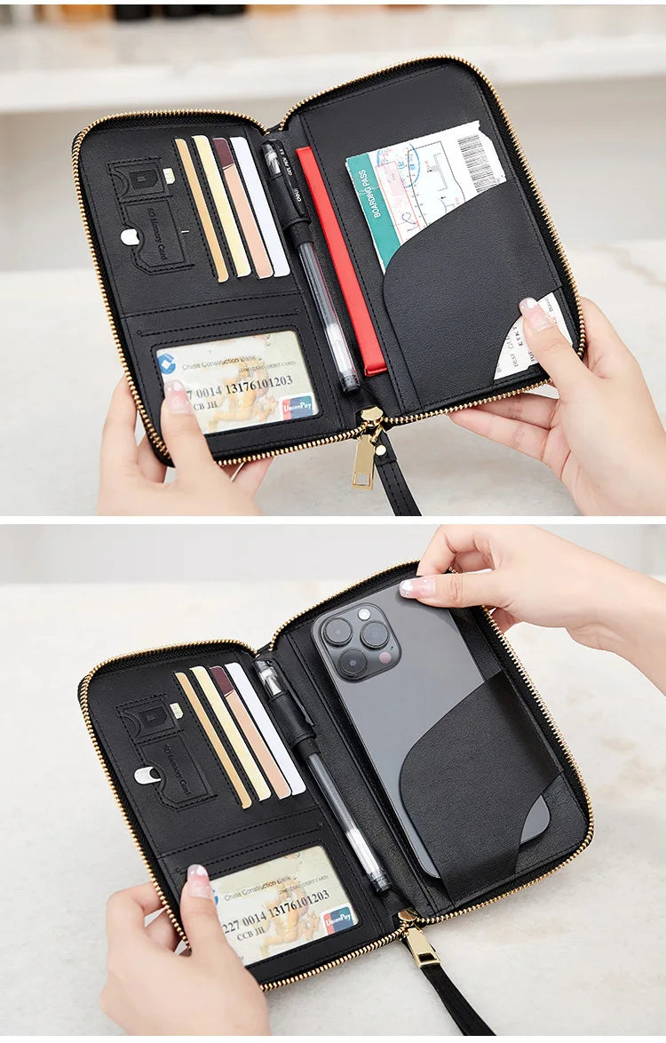 New Leather Passport Cover RFID Blocking Card Holder Zipper Wallet Travel Essentials Phone Bag International Travel Accessories