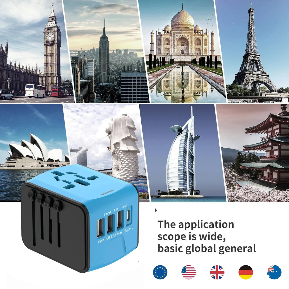 Travel Adapter Universal Power Plug UK European Union US Socket International 3USB Type C Wall Charger for Global Adapters by Passport Outfitters