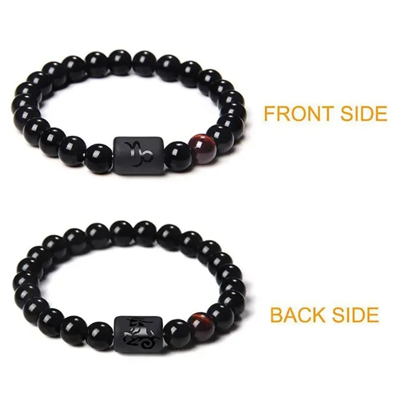 12 Constellation Zodiac Signs Beads Couples Bracelet Natural Black Onyx Stone Elastic Charm Bracelet for Women Men Birthday Gift by Passport Outfitters