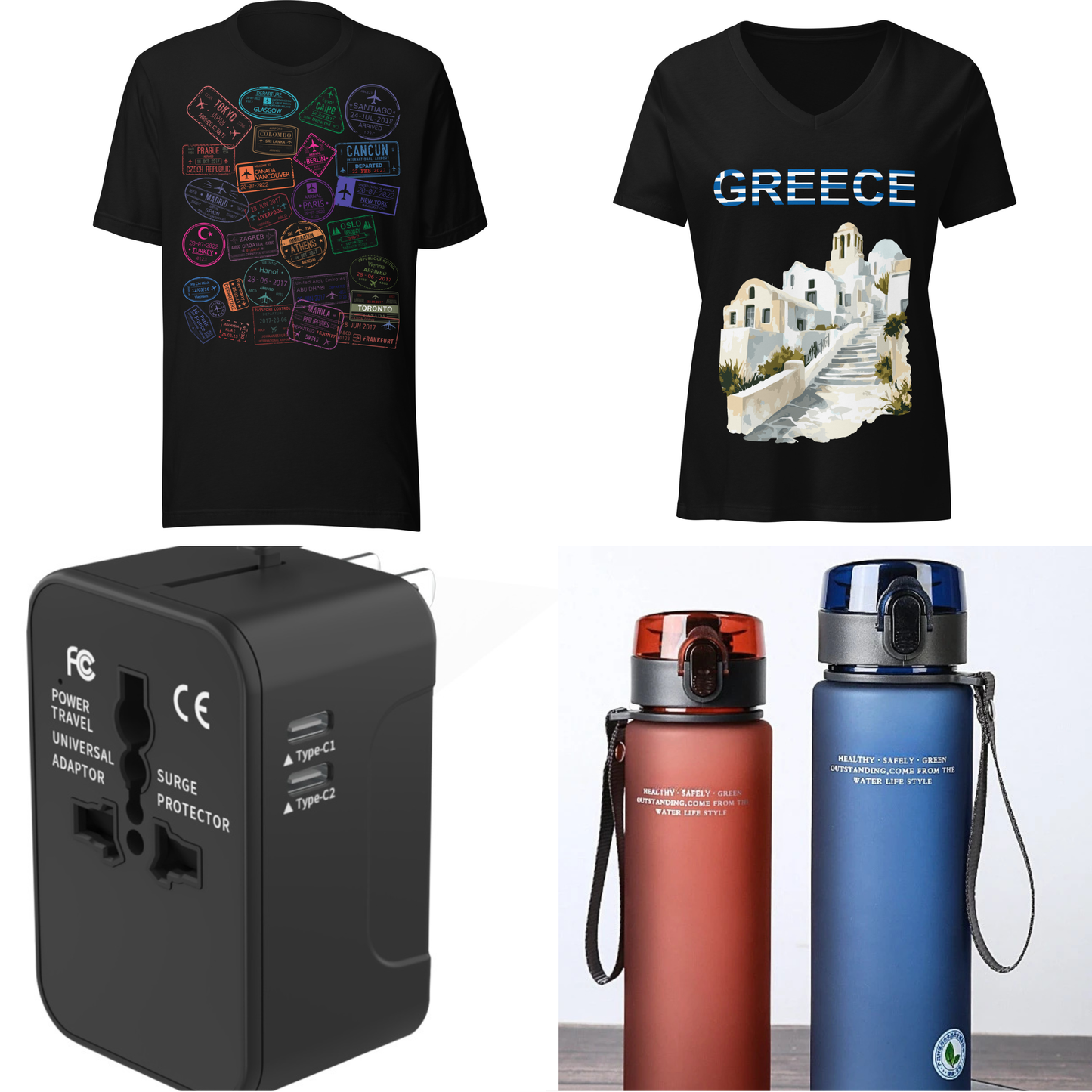Ultimate Travel Essentials 4-Piece Bundle - Shirts, Adapter & Bottle by Passport Outfitters
