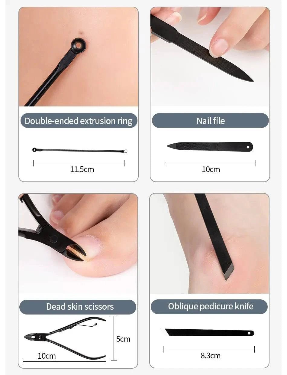 Black Nail Clipper Set Stainless Steel Manicure Nail Scissors Pedicure Kit Nippers Trimmer Care Tool With Travel Case Kit - Passport Outfitters Apparel