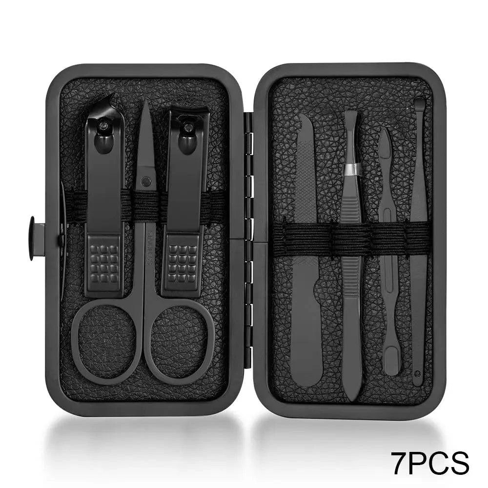 Black Nail Clipper Set Stainless Steel Manicure Nail Scissors Pedicure Kit Nippers Trimmer Care Tool With Travel Case Kit - Passport Outfitters Apparel