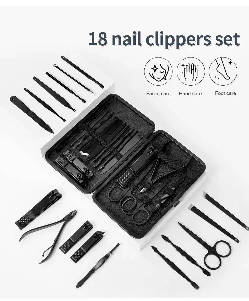 Black Nail Clipper Set Stainless Steel Manicure Nail Scissors Pedicure Kit Nippers Trimmer Care Tool With Travel Case Kit - Passport Outfitters Apparel