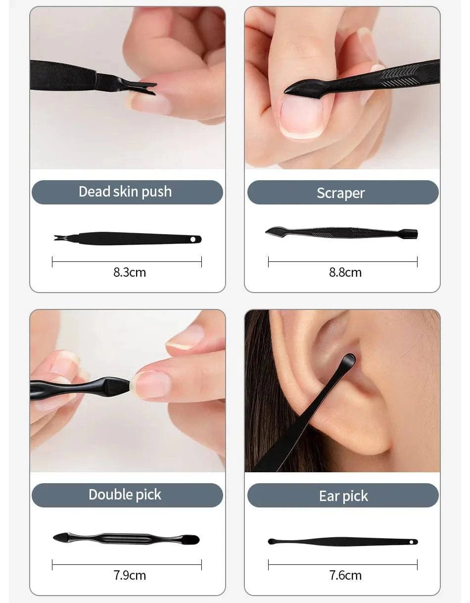 Black Nail Clipper Set Stainless Steel Manicure Nail Scissors Pedicure Kit Nippers Trimmer Care Tool With Travel Case Kit - Passport Outfitters Apparel