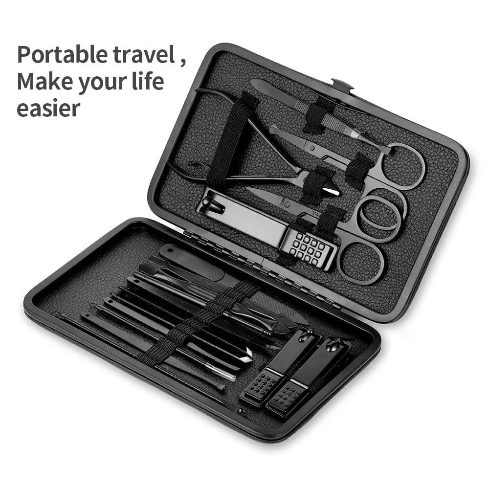 Black Nail Clipper Set Stainless Steel Manicure Nail Scissors Pedicure Kit Nippers Trimmer Care Tool With Travel Case Kit - Passport Outfitters Apparel